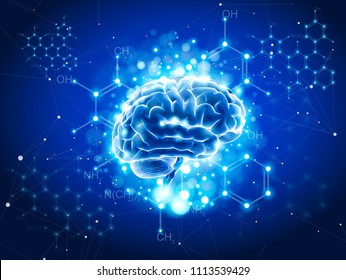 blue shining brain & chemical formulas in the form of a shining constellation in the blue space of the information web - an abstract illustration of information technology in medicine & biotechnology