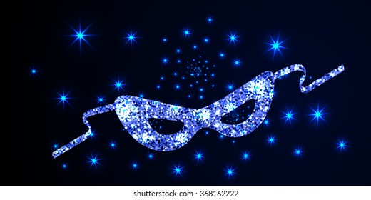 Blue shining carnival mask on black background. Vector illustration