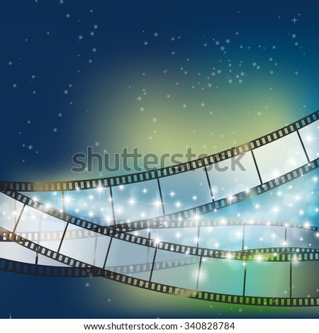 blue shining celebration background with flowing stars and light and filmstrip