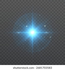Una estrella de Navidad azul y brillante con rayos y partículas brillantes sobre un fondo transparente. Un símbolo festivo y brillante para los diseños de Navidades.