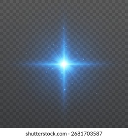 A blue, shining Christmas star with rays and sparkling particles on a transparent background. A festive, shining symbol for Christmas designs.