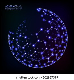 Blue shining cosmic hexagonal grid vector shining sphere on dark background