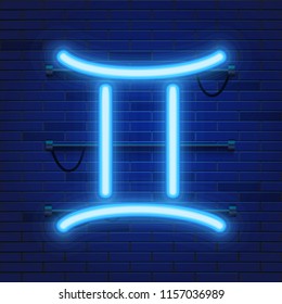 Blue shining cosmic neon zodiac Gemini symbol on brick wall background. Astrology concept. Vector illustration.