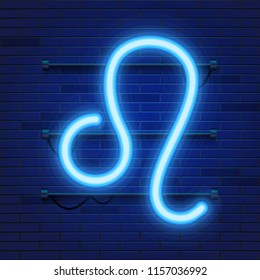 Blue shining cosmic neon zodiac Leo symbol on brick wall background. Astrology concept. Vector illustration.