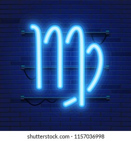 Blue shining cosmic neon zodiac Virgo symbol on brick wall background. Astrology concept. Vector illustration.