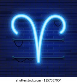 Blue shining cosmic neon zodiac Aries symbol on brick wall background. Astrology concept. Vector illustration.