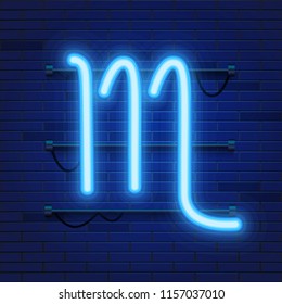 Blue shining cosmic neon zodiac Scorpio symbol on brick wall background. Astrology concept. Vector illustration.