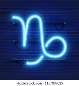 Blue shining cosmic neon zodiac Capricorn symbol on brick wall background. Astrology concept. Vector illustration.