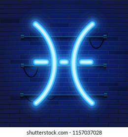 Blue shining cosmic neon zodiac Pisces symbol on brick wall background. Astrology concept. Vector illustration.