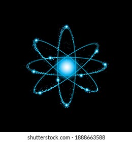 Blue shining cosmic vector atom model. Abstract atom from particles. Vector illustration.