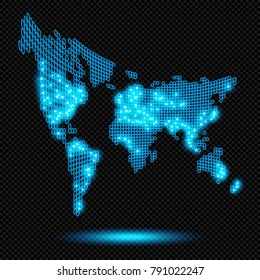 Blue Shining Earth Map Logo Sign on Transparent Background  - Vector Glowing Neon World Map Fisheye Lens Distortion Effect
