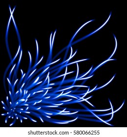 Blue shining flower, plant or jellyfish with white tops on black background