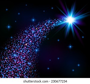 Blue shining flying vector star with colorful star dust tail