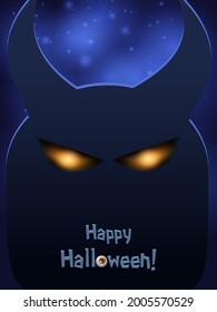 Blue shining Halloween card with silhouette of dark horned demon. Vector illustration