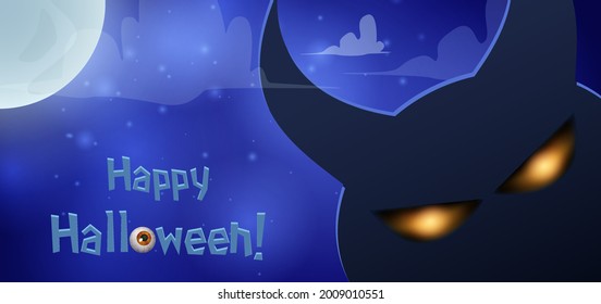 Blue shining Halloween card with silhouette of dark horned demon and moon. Vector illustration