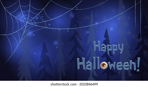 Blue shining Halloween card with spiderweb and creepy forest