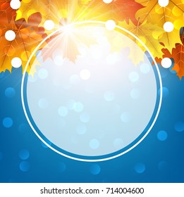Azul brillante alrededor del fondo otoñal con hojas doradas de arce. Ilustración vectorial.