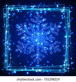 Blue shining snoweflaces with frame greeting card.