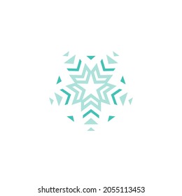 Blauer leuchtender Stern. Flaches Symbol für Schneeflocken, einzeln auf weiß. Vektorgrafik. Eis, Frosturlaub-Zaubersymbol. Zertifizierte Medaille. Genehmigter Stempel.