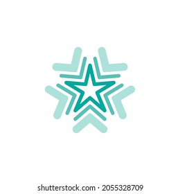 Blue shining star. Flat snowflake sticker icon isolated on white. Vector award illustration. Ice, frost holiday magic icon. Certified medal. Approved stamp.