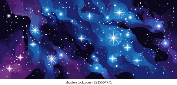 Blue shining stars in dark night sky. Deep space abstract vector background.