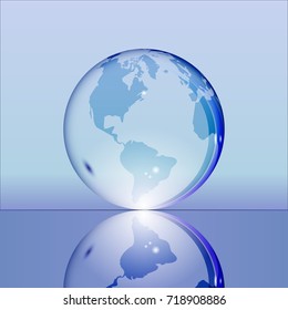 Blue shining transparent earth globe with South and North America continents laying on glass surface and reflecting in it. Bright and shining design. Vector illustration.