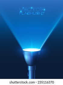 Blue shining vector flashlight in darkness