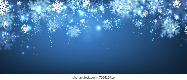 Blue shining winter banner with snowflakes. Vector illustration.