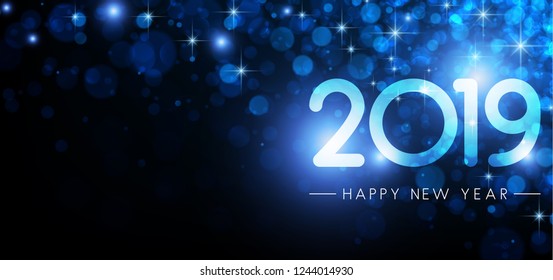 Blue shiny 2019 Happy New Year poster. Vector background.