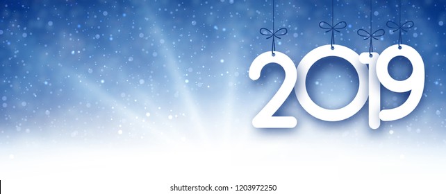 Blue shiny 2019 New Year banner with snow. Vector background.