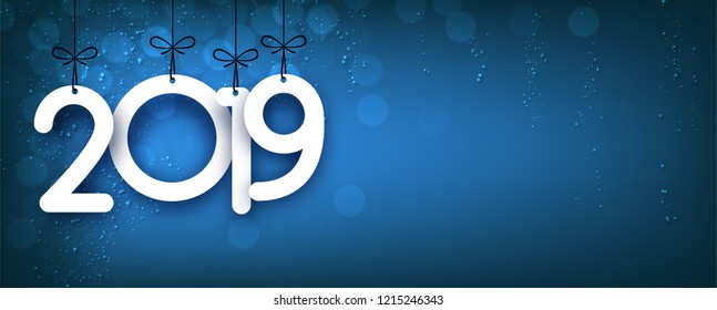 Blue shiny 2019 New Year banner. Bokeh effect. Vector background.