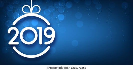 Blue shiny 2019 New Year card with abstract Christmas ball. Bokeh effect. Vector background.