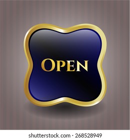 Blue shiny badge with "Open" text inside