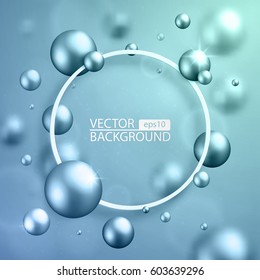 Blue shiny balls in space with round frame for text. Vector illustration.