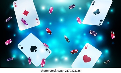 Blue shiny blurred background with flying playing cards and poker chips.