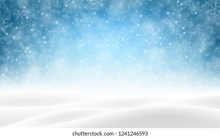 Blue shiny blurred poster with winter landscape and snow for seasonal, Christmas and New Year decoration. Vector background.