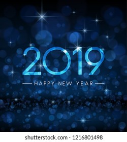 Blue shiny bokeh 2019 Happy New Year greeting card. Vector background.