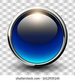 Blue shiny button with metallic elements, vector design.