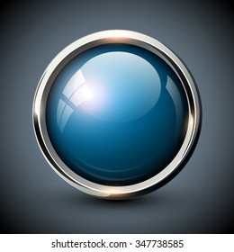 Blue shiny button with metallic elements, vector glossy design for website.