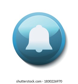 Blauer glänzender Knopf mit weißer Glocke als Symbol der Benachrichtigung. Erinnerung Symbol Vektordesign-Illustration.