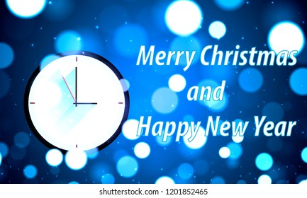 Blue shiny card with clock. Merry Christmas and Happy New Year