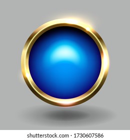 Botón blanco de círculo brillante azul con marco metálico dorado, elemento vector para web y aplicación de juego.