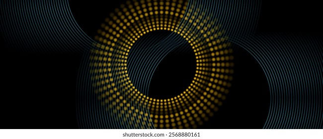 Blue shiny circular lines and golden dotted circles abstract futuristic tech background. Vector minimal geometric glowing design