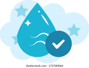 Blue Shiny Coronvirus Sanitization Sign Vector Flat Icon Design, Sparkle Drop with Check Sign Concept , Hygiene Symbol on Bubble Sud Background