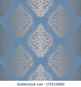 Blue shiny Damask seamless floral background, delicate silk Wallpaper in vector, exquisite openwork lace fabric