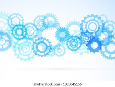 Blue shiny gear wheels graphical abstractrion over light background. Contemporary conceptual layout design. Vector illustration