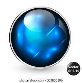 Blue shiny & glass button with metallic elements, vector design for website.