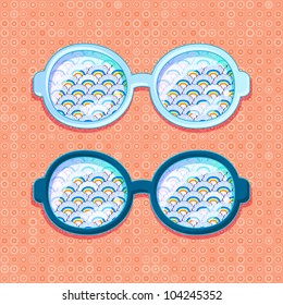 Blue Shiny Glasses Frame with Cloud Pattern on Red Seamless Background. Vector Accessory Illustration