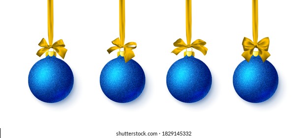 Blue shiny glitter glowing Christmas ball with yellow bow. Xmas glass ball. Holiday decoration template. Vector illustration.