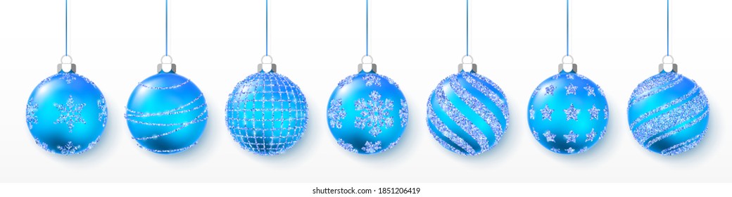 Blue shiny glitter glowing and transparent Christmas balls. Xmas glass ball. Holiday decoration template. Vector illustration.